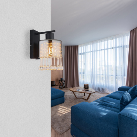 Nástěnné svítidlo, kov černý matný, sklo kouřové, skleněné kapky průhledné, akrylové křišťály průhledné, směr světla dolů, ŠxV:150x260mm, H:193mm, bez žárovky 1xE27, max. 60W 230V