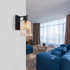 Nástěnné svítidlo, kov černý matný, sklo kouřové, skleněné kapky průhledné, akrylové křišťály průhledné, směr světla dolů, ŠxV:150x260mm, H:193mm, bez žárovky 1xE27, max. 60W 230V