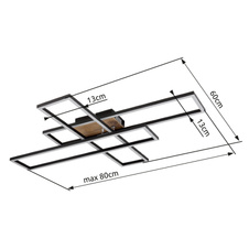 Stropní svítidlo, kov černý, MDF vzhled dřeva tmavý, hliník černý, plast bílý, chrom, polohovatelné, DxŠxV:800x600x100mm, rozměry obdélníků: 13x60cm, včetně LED 40W 230V, 4230lm zdroj, 1650lm výstup, 3000K