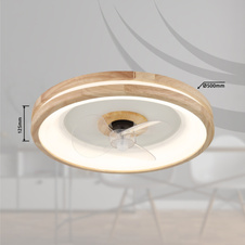 Stropní ventilátor kov bílý, dřevo, plast bílý/transparent, stmívatelný, několik úrovní přes nástěnný vypínač, paměť, časovač, dálkové ovládání, 15m², ø:500mm V: 25mm, LED 30W 230V, 300-2250lm, CCT 2700-6500K