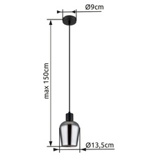 Závěsné svítidlo, kov černý, sklo kouřové barvy, kabel PVC černý, výškově nastavitelné, ø:135mm, V:1500mm, bez žárovky 1xE27, max. 40W 230V