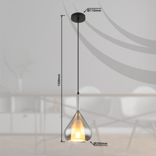 Závěsné svítidlo, kov černý, sklo kouřové barvy, černý kabel, nastavitelná výška, ø:200mm, V:1500mm, bez žárovky 1xE27, max. 60W 230V