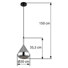 Závěsné svítidlo, kov černý, sklo kouřové barvy, černý kabel, nastavitelná výška, ø:200mm, V:1500mm, bez žárovky 1xE27, max. 60W 230V