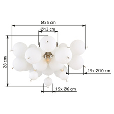 Stropní svítidlo, kov nikl matný, skleněné koule bílé, kabel PVC černý, ø:550mm, V:280mm, skleněné koule ø:15x6cm, 1x 10cm, bez žárovek 3xE14, Max. 25W 230V