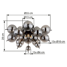 Stropní svítidlo, kov černý, skleněné koule kouřové barvy, Ø:550mm, V:280mm, skleněné koule ø:15x6cm, 15x10cm, bez žárovek 3xE14, Max. 25W 230V