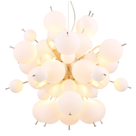 Závěsné svítidlo, kov nikl matný, skleněné koule bílé, kabel PVC černý, ø:550mm, V:1200mm, skleněné koule ø:24x6cm, 24x10cm, bez žárovek 6xE14, Max. 25W 230V