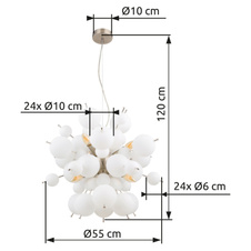 Závěsné svítidlo, kov nikl matný, skleněné koule bílé, kabel PVC černý, ø:550mm, V:1200mm, skleněné koule ø:24x6cm, 24x10cm, bez žárovek 6xE14, Max. 25W 230V