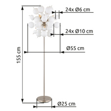 Stojací svítidlo, kov nikl matný, skleněné koule bílé, kabel PVC černý, vyínač na kabelu, ø:550mm, V:1550mm, délka kabelu 1800mm, skleněné koule ø:24x6cm, 24x10cm, bez žárovek 6x25W 230V