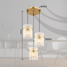 Závěsné svítidlo, kov zlaté barvy, skleněné tyče bílé, průhledné, kabel PVC černý, výškově nastavitelné, ø:470mm, V:1400mm, bez žárovek 3xE27, 60W 230V