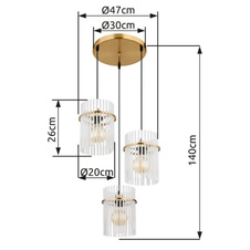 Závěsné svítidlo, kov zlaté barvy, skleněné tyče bílé, průhledné, kabel PVC černý, výškově nastavitelné, ø:470mm, V:1400mm, bez žárovek 3xE27, 60W 230V