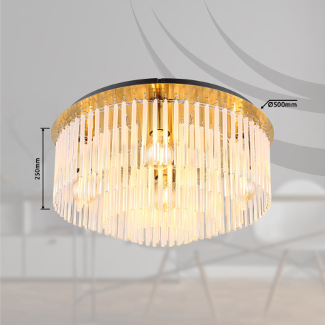 Stropní svítidlo, kov zlatá barva matná, černá, skleněné tyče bílé, průhledné, ø:500mm, V:250mm, bez žárovek 5xE27,max. 60W 230V