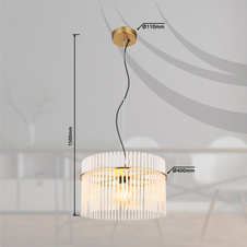Závěsné svítidlo, kov zlaté barvy, skleněné tyče bílé, průhledné, kabel PVC černý, možnost zkrácení výšky, ø:400mm, V:1500mm, bez žárovky 1xE27,max. 60W 230V