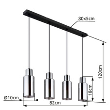 Závěsné svítidlo, kov černý, sklo kouřové barvy, kabel PVC černý, možnost zkrácení výšky, DxŠxV:820x100x1200mm, bez žárovek 4xE27,max. 25W 230V