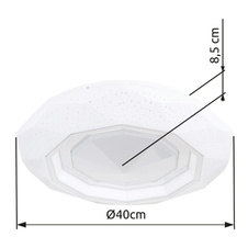 Stropní svítidlo, kov bílý, akryl bílý se třpytivým efektem, plast průhledný, chromový kroužek, stmívatelné, několik úrovní pomocí nástěnného vypínače, fixace barev, paměť, dál.ovládání, ø:400mm H:85mm, LED 24W 230V 150-160lm, 2700-6500K