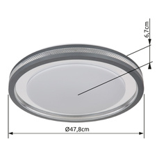 Stropní svítidlo, kov bílý, plast šedý, akryl bílý, se třpytivým efektem, plast chromovaný, stmívatelné, několik úrovní pomocí nástěnného vypínače, paměť, dál.ovládání, ø:478mm H:67mm,LED 30W 230V, zdroj 400-3600lm, výstup 200-1700lm, 2700-6500K