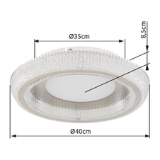 Stropní svítidlo, matný bílý kov, čiré akrylové křišťály, akryl bílý, kov nikl matný, několik úrovní pomocí nástěnného vypínače, paměťová funkce, ø:400mm, V85 mm, LED 36W 230V, zdroj 4105lm, výstup 2600lm, zmena barvy světla 2700/4000/6000K