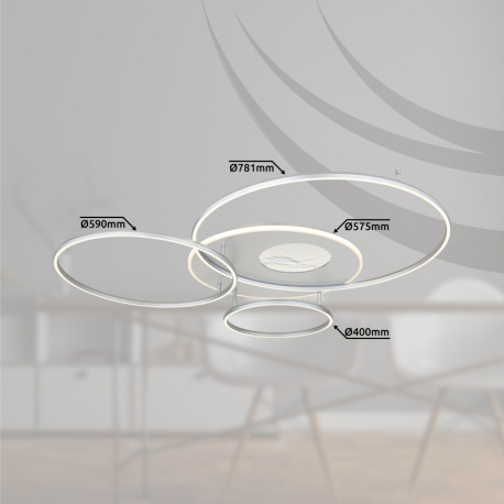 Stropní svítidlo, hliník matný stříbrný, plast bílý, akryl, zrcadlový 3D efekt, stmívatelné, několik úrovní pomocí nástěnného vypínače, paměť, dál.ovládání, DxŠxV:1264x1053x130mm, ø:40/57,5/59/78 cm, LED 70W 230V, 300-4599lm, 2700-6500K