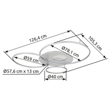 Stropní svítidlo, hliník matný stříbrný, plast bílý, akryl, zrcadlový 3D efekt, stmívatelné, několik úrovní pomocí nástěnného vypínače, paměť, dál.ovládání, DxŠxV:1264x1053x130mm, ø:40/57,5/59/78 cm, LED 70W 230V, 300-4599lm, 2700-6500K