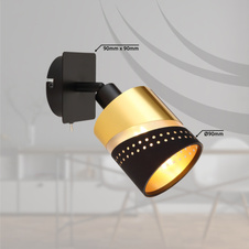 Nástěnné svítidlo, kov černý, textil černý, plast zlaté barvy, kolébkový vypínač na výrobku, ŠxV:90x175mm, H:200mm, bez žárovky 1xE14, max. 25W 230V