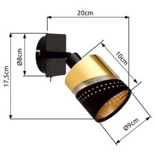 Nástěnné svítidlo, kov černý, textil černý, plast zlaté barvy, kolébkový vypínač na výrobku, ŠxV:90x175mm, H:200mm, bez žárovky 1xE14, max. 25W 230V