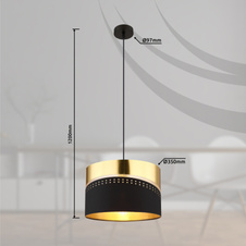 Závěsné svítidlo, černý matný kov, černý textil, plast zlaté barvy, černý PVC kabel, výškově nastavitelné, ø:350mm, V:1200mm, bez žárovky 1xE27,max. 60W 230V