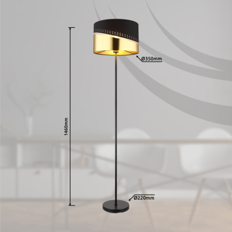 Stojací svítidlo, kov černý, textil černý, plast zlaté barvy, kabel PVC černý, vypínač na kabelu, ø:350mm, V:1460mm, délka kabelu 1800mm, bez žárovky 1xE27, max. 60W 230V