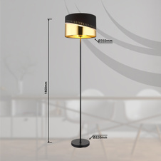 Stojací svítidlo, kov černý, textil černý, plast zlaté barvy, kabel PVC černý, vypínač na kabelu, ø:350mm, V:1460mm, délka kabelu 1800mm, bez žárovky 1xE27, max. 60W 230V