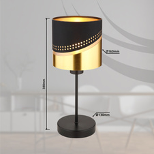 Stolní svítidlo, kov černý, textil černý, plast zlaté barvy, kabel PVC černý, kolébkový vypínač na kabelu, ø:160mm, V:380mm, délka kabelu 1500mm, bez žárovky 1xE27, max. 40W 230V