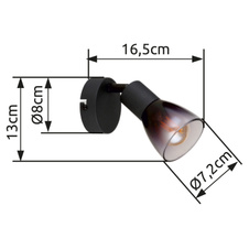 Nástěnné svítidlo, kov černý, sklo kouřové, průhledné, ŠxV:80x130mm, H:165mm, bez žárovky 1xE14, max. 25W 230V