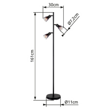 Stojací svítidlo, kov černý matný, sklo kouřové a průhledné, kabel PVC černý, vyínač na kabelu, DxŠxV:300x220x1610mm, délka kabelu 1800mm, bez žárovek 3xE14, max. 25W 230V