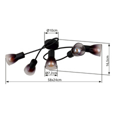 Stropní svítidlo, černý matný kov, sklo kouřové a průhledné, DxŠxV:580x240x165mm, bez žárovek 5xE14, max. 25W 230V