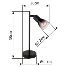 Stolní svítidlo, kov černý matný, sklo kouřové a průhledné, kabel PVC černý, kolébkový vypínač na kabelu, DxŠxV:200x110x350mm, délka kabelu 1500mm, bez žárovky 1xE14, max. 25W 230V
