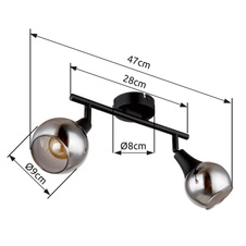 Nástěnné svítidlo, kov černý, sklo kouřové, DxŠxV:280x90x166mm, bez žárovek 2xE14, max. 40W 230V