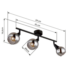 Stropní svítidlo, černý kov, sklo kouřové barvy, DxŠxV:450x90x166mm, bez žárovek 3xE14, max. 40W 230V