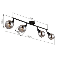 Stropní svítidlo, černý kov, sklo kouřové, nastavitelné, DxŠxV:600x90x168mm, bez žárovek 4xE14, max. 40W 230V
