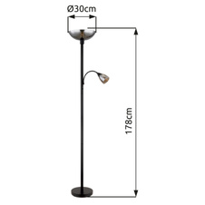 Stojací svítidlo, kov černý matný, sklo kouřové barvy, flexo, 2 vypínače, ø:300mm, V:1780mm, délka kabelu 1800mm, průměr vrchního skla je30cm a bočního skla je 8,5cm, bez žárovky 1xE27, max. 60W 230V, bez žárovky 1xE14, max. 40W 230V