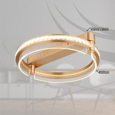 Stropní svítidlo, kov zlaté barvy, hliník zlaté barvy broušený, K5 křišťály čiré, akryl čirý, stmívatelné, několik úrovní pomocí nástěnného vypínače, paměť, noční světlo, dál.ovládání, 2xAAA, ø:400mm H:100mm, LED 36W 2000lm 2700-6000K