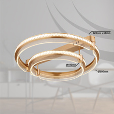 Stropní svítidlo, kov zlaté barvy, hliník zlaté barvy broušený, křišťály K5 čiré, akryl čirý, stmívatelné, několik úrovní pomocí nástěnného vypínače, paměť, dál.ovládání, ø:600mm, H:170mm, kroužek ø:40 a 60cm, LED 78W 230V 430-4143lm 2700-6000K