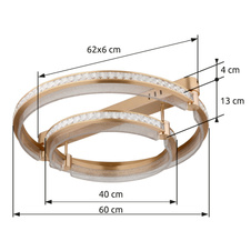 Stropní svítidlo, kov zlaté barvy, hliník zlaté barvy broušený, křišťály K5 čiré, akryl čirý, stmívatelné, několik úrovní pomocí nástěnného vypínače, paměť, dál.ovládání, ø:600mm, H:170mm, kroužek ø:40 a 60cm, LED 78W 230V 430-4143lm 2700-6000K