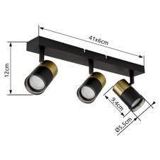 Stropní svítidlo, kov černý, hliník měděný a černý, plast kouřový, DxŠxV:410x60x120mm, bez žárovek 3xGU10, max. 25W 230V