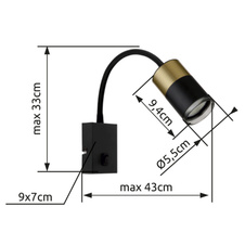 Nástěnné svítidlo, kov černý, hliník měděný matný, hliník černý matný, plast kouřový, kabel PVC černý, kolébkový vypínač, flexo, ŠxV:70x430mm, H:330mm, délka kabelu 1500mm, bez žárovky 1xGU10 max. 25W 230V