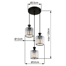 Závěsné svítidlo, kov černý, akrylové křišťály čiré, kabel PVC černý, ø:320mm, V:1200mm, bez žárovek 3xE27,max. 60W 230V