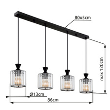 Závěsné svítidlo, kov černý, akrylové křišťály čiré, kabel PVC černý, DxŠxV:860x130x1200mm, bez žárovek 4xE27,max. 60W 230V