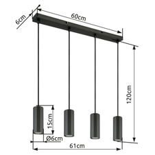Závěsné svítidlo, kov šedý, hliník šedý, kabel PVC černý, výškově nastavitelné, DxŠxV:610x60x1200mm, bez žárovek 4xGU10, max. 25W 230V