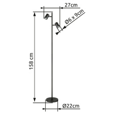 Stojací svítidlo, kov šedý, hliník šedý, kabel PVC černý, vyínač na kabelu, DxŠxV:270x220x1580mm, délka kabelu 1800mm, bez žárovek 2xGU10 LED, max. 5W 230V