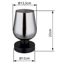 Stolní svítidlo, kov černý, sklo kouřové barvy, kabel PVC černý, kolébkový vypínač na kabelu, ø:135mm, V:220mm, délka kabelu 1500mm, bez žárovky 1xE27, max. 40W 230V