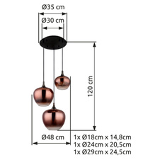 Závěsné svítidlo, černý matný kov, kov černý chrom, sklo měděné barvy, průhledné, černý textilní kabel, ø:480 mm, V:1200 mm, průměr skla: 1x18, 1x24, 1x29 cm, bez žárovek 3xE27, Max. 40W 230V