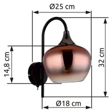 Nástěnné svítidlo, kov černý, kov černý chrom, sklo měděné barvy, průhledné, kolébkový vypínač na výrobku, směr světla: dolů, ŠxV:180x320mm, H:250mm, bez žárovky 1xE27,max. 40W 230V