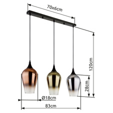 Závěsné svítidlo, kov černý, sklo měděné barvy, zlaté barvy, pochromované, textilní kabel černý, možnost zkrácení výšky, DxŠxV 830x180x1200mm, bez žárovek 3xE27,max. 60W 230V