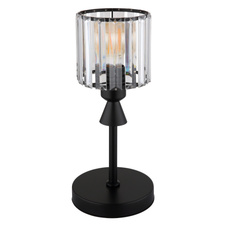 Stolní svítidlo, kov černý matný, akrylové křišťály čiré, kabel PVC černý, kolébkový vypínač na kabelu, ø:150mm, V:343mm, délka kabelu 1400mm, bez žárovky 1xE27, max. 60W 230V